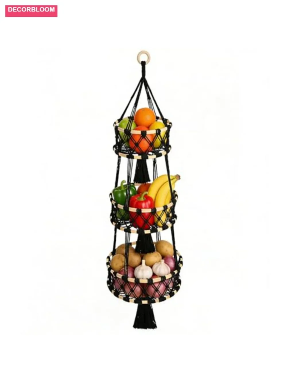 3 Tier Hanging Fruit Basket Macrame Cotton Rope Handwoven Hammock Produce